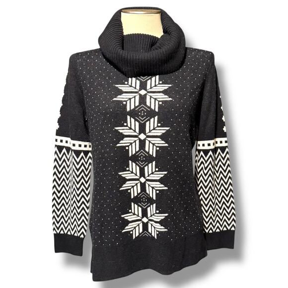 Talbots Fair Isle Lambswool Blend Snowflake Sweater Black White Medium - Picture 1 of 6